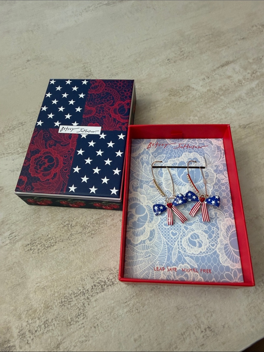 Betsey Johnson Patriotic Star Bow Hoop Earrings in Red, White & Blue